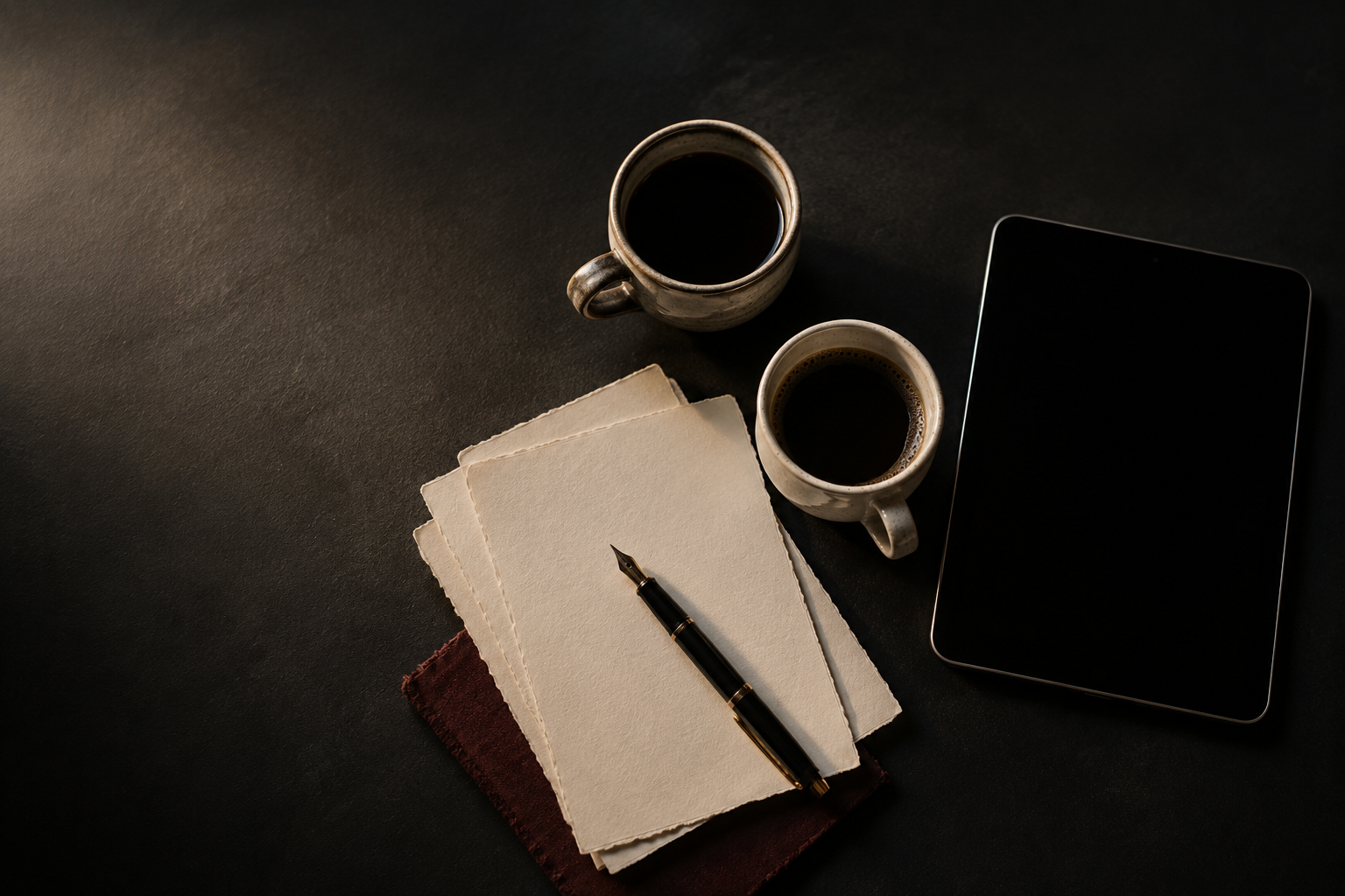 Coffee, papers, pen and tablet arranged on a creative studio desk